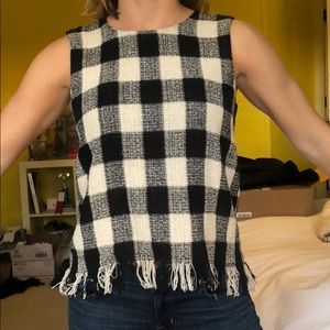 Zara gingham check knit fringe top